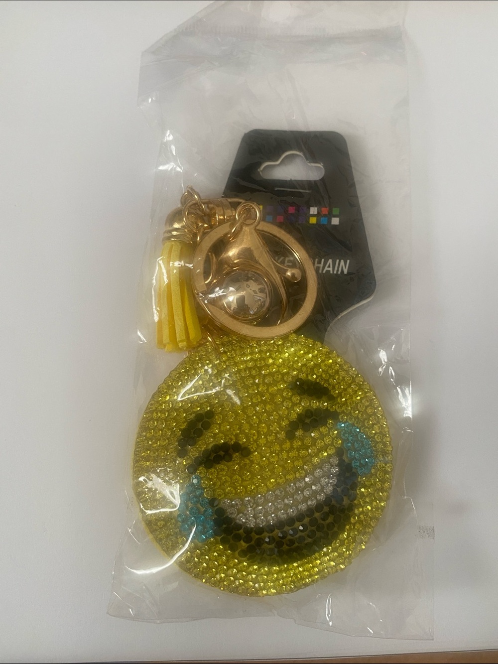 Crystal Laughing-with-Tears Emoji Keychain Charm - Yellow